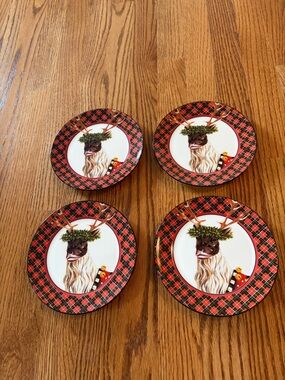 MacKenzie-Childs Red Black Plaid Reindeer Dessert Plates (Set of 4)
